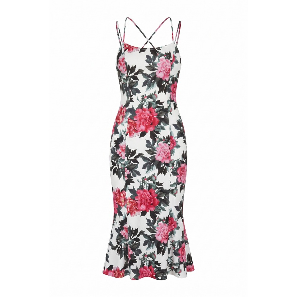 Fashion Nova Floral Midi‎ Dress Pink Peony White Bodycon Mermaid Hem Small